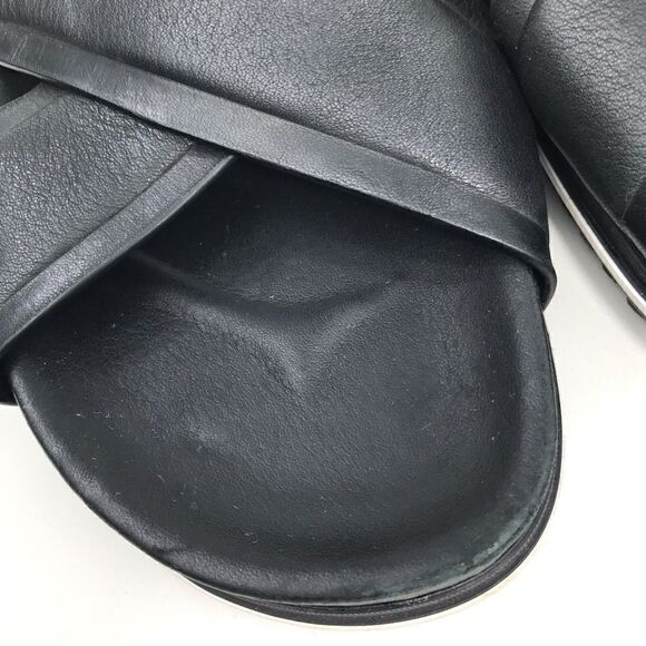 J/Slides OLIVIA Black Leather Crisscross White Stripe Slide Sandals - Picture 8 of 12